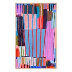 an abstract painting with different colors and lines on the side, including blue, pink, orange