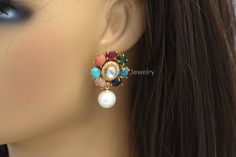 Navratan Earrings Size -1.75 inches approx. Light weight Multicolor Pearl Earrings Set As A Gift, Multicolor Pearl Earrings As A Gift, Multicolor Clip-on Jewelry For Wedding, Multicolor Clip-on Wedding Jewelry, Multicolor Chandbali Pearl Earrings For Gifts, Handmade Multicolor Earrings For Anniversary, Navratan Earrings, Polki Earrings