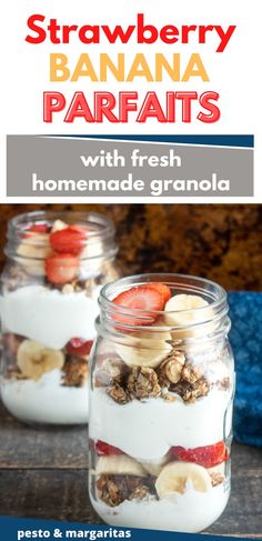 two mason jars filled with granola and bananas