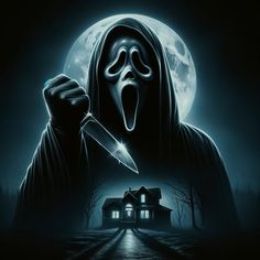 a person holding a knife in front of a house with a full moon behind them