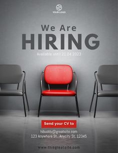 two chairs sitting in front of a wall with the words we are hiring on it