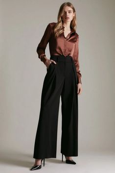 Trousers Evening Outfit, Formal Wide Leg Pants With Belt Loops, Elegant Wide-leg Pants For Business Casual, Semi-formal Pantsuit For Fall, Semi-formal Fall Pantsuit, Fall Semi-formal Pantsuit With Trousers, Formal Wide-leg Pants With Belted Cuffs, Chic Bottoms With Welt Pockets For Workwear, Sleek Wide Leg Pants With Belt Loops For Evening