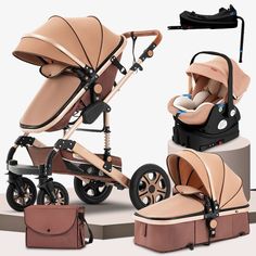 the baby stroller has two seats and one is beige with black trims on it