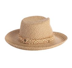 Tucson is a designer woman's sunhat for sale made of Squishee®. The modified Western shape has a fringe edged band and a self bolo braid chin strap with a wood bead to adjust and secure it. The signature logo rivet is discretely placed at the back of the crown. The wired brim permits shaping; push up the sides for more Western flare, or flatten them out for additional shade. Squishee® is a man-made material incorporating recycled fibers. It looks and feels just like natural raffia but has the ad Western Style Adjustable Panama Hat With Upf 50+, Western Natural Panama Hat With Upf 50+, Western Toquilla Straw Hat With Upf 50+, Western Straw Hat With Upf 50+ Flat Brim, Beige Western-style Woven Straw Hat, Women's Headwear, Art Costume, A Wood, Signature Logo