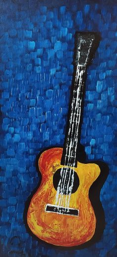 a painting of an acoustic guitar against a blue background