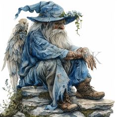 an old man sitting on top of a pile of rocks wearing a blue hat and angel wings