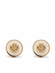 White/gold Kira enamel circle-stud earrings from TORY BURCH featuring gold-tone logo plaque, enamel detail and press-stud fastening. These earrings come as a pair.. Unique Stud Earrings, Tory Burch Bracelet, Branded Jewellery, Big Stud Earrings, Brand Earrings, Engraved Earrings, Tory Burch Earrings, Enamel Stud Earrings, Tory Burch Kira