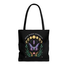 "This Mystical Tote Bag with a Butterfly is a perfect for anyone who loves Witchy aesthetic. The design features a positivity quote that reads \"Seek magic everyday\" with witchy mystical elements. Butterfly Tote Bag Moth Tote Witchy Aesthetic Indie Fashion Canvas Tote Bag Summer Tote Bag Aop Tote For other tote bags: https://www.etsy.com/shop/TheNims?section_id=34132691 Browse through my other awesome items here: http://thenims.etsy.com/ ABOUT THE PRODUCT: This practical, high-quality Tote Bag Indie Fashion Summer, Tote Bags Aesthetic, Aesthetic Spiritual, Mystical Elements, Butterfly Tote Bag, Summer Tote Bag, Witchy Aesthetic, Summer Tote Bags, Summer Tote