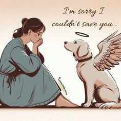 a woman kneeling down next to a dog with an angel on it's back