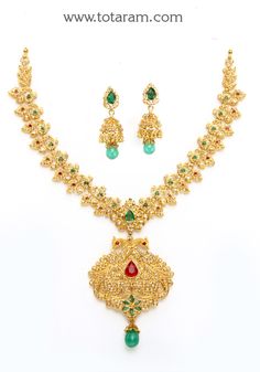 22 Karat Gold Necklace & Drop Earrings Set with Uncut Diamonds, Rubies & Emeralds 
   - 235-DS543 - in 60.100 Grams for USD $7201.99. 
Made in India by Totaram Jewelers Online this product is in Gold - 22 Karat BIS Hallmark 916 KDM Gold  & is an excellent gift for Adult - Women. Ships fully insured with secured guaranteed delivery for free with your order over $250 from New Jersey USA & comes with 30 days exchange policy. Uncut Diamond Necklace, Diamond Necklace Simple, Diamond Circle Necklace, Indian Gold Jewelry, 22k Gold Necklace, Diamond Heart Pendant Necklace, 22k Gold Jewelry, Gold Jewelry Stores, Diamond Necklace Set