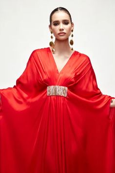 Shop for Ranian Red Silk Pleated Kaftan for Women Online at Aza Fashions Kaftan For Women, Embroidered Neckline, Fabric Silk, Red Silk, Embroidered Silk, Flared Sleeves, Aza Fashion, Sleeve Type, Types Of Sleeves