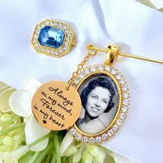 Wedding Memorial Photo Picture Charm Something Blue and Wedding Brooch - Perfect Pendants Plus Lapel Corsage, Wedding Bouquet Photo Charm, Wedding Bouquet Charms, Bouquet Charms, Something Blue Wedding, Picture Pendant, Gift For Bride, Wedding Brooch, Photo Pendant