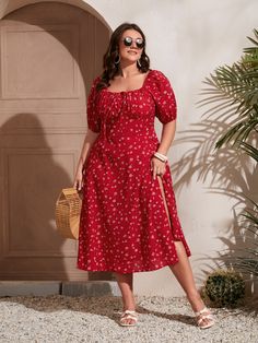 Feminine Dress Plus Size, Flower Dress Plus Size, Derby Outfits For Women Plus Size, Red Milkmaid Dress, Milkmaid Dress Plus Size, Mid Size Dresses For Women, Wedding Guest Dress Plus Size Summer, Plus Sized Dresses, Romantic Plus Size Outfits