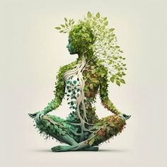 a woman sitting in the middle of a yoga pose with her body made up of plants and leaves