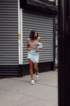 How To Style Athleisure Beyond Your Workout Session | Love Fashion & Friends Stella Mccartney Shoes Outfit, Adidas Stella Mccartney Shoes, Style Athleisure, Jean Skirt Outfits, Adidas Stella, Adidas Stella Mccartney, Athleisure Sneakers, Urban Fashion Trends, Distressed Denim Skirt