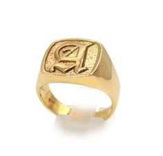 Welcome to Twins Jewelry Initial Letter Alphabet Ring Yellow Gold. The ring is available in solid 10K or 14K yellow gold. Your choice of a single Old English style letter from A to Z at the center of the ring. Send us a message with your choice of letter.  Face Measures Approximately 15 mm x 13 mm. Sizes 8, 9 and 10 are available at no extra charge. Any Other Sizing Option is Available with an Additional Fee. The ring is 100% handcrafted and manufactured by us here in the USA.  Approximate DIMENSIONS: HEIGHT: 15 mm. WIDTH: 13 mm. WEIGHT Approximately: 10k 8.3 grams or 14k 8.6 grams.  We Have Been in The Jewelry Business for More Than 36 Years. Please Judge by The Pictures. If Any Questions, Feel Free to Ask...  THANK YOU  VISIT AGAIN A Ring Letter, Symbolic Yellow Gold Signet Ring For Promise, Symbolic Yellow Gold Initial Ring Stamped 14k, Symbolic Signet Ring With Initials, Symbolic Hallmarked Initial Ring For Formal Occasions, Yellow Gold Engraved Ring With Initials For Promise, Symbolic 14k Gold Initial Ring For Anniversary, Symbolic Initials Signet Ring For Anniversary, 14k Gold Symbolic Initial Ring For Anniversary