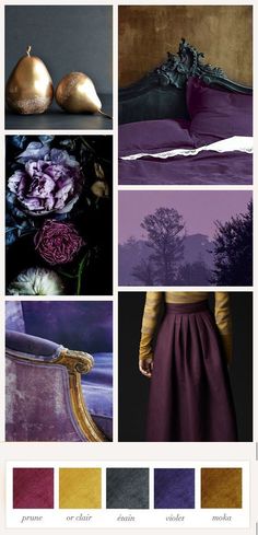 purple and gold are featured in this collage with different images including flowers, an old fashioned