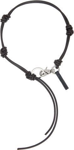 a black leather cord with silver clasps and a metal hook on the end of it