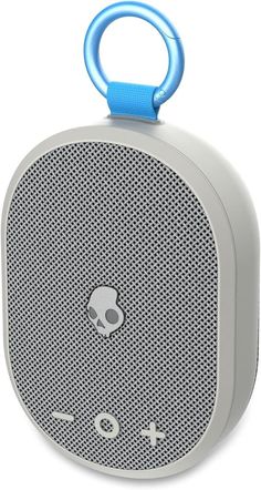 a speaker with a blue handle on it