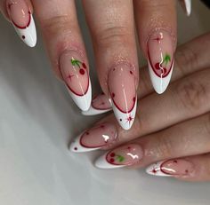 Magenta And White Nails, Nail Art Design Almond Shape, Cherry Nails White Tip, Almond Nails French Design, Delicate Almond Nails, White French With Cherries, White French Tip Cherry Nails, Almond Nails Designs With Charms, Almond Nails Ideas Elegant