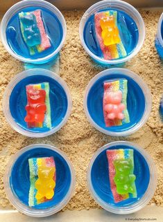 six plastic plates with gummy bears on them in the shape of rainbows and ice cream