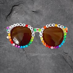 "Look super fly in these one of a kind SCI festy bling sunnies! Each rainbow colored gem rhinestone hand placed on these shades. Fly high at your next party or show! \"Is she gonna roll over? Rolling over you and me....roll over...\"" Decorating Frosting, Party Things, Super Fly, String Cheese, Summer Things, Preppy Stuff, Cake Decorating Frosting