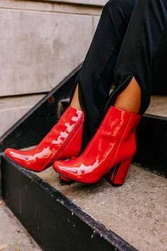 Keep your look chic with our red 'Yasmine' bootie featuring sleek patent material, a rounded closed toe, a 4-inch block heel, an inside ankle zip closure, and an above-the-ankle silhouette! This patent bootie runs more true to size. Red Boots Outfit, Boots Outfits, Red Boots, Laid Back Style, Boots Outfit, Look Chic, Unisex Style, Formal Occasion, Timeless Style