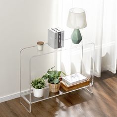 a clear shelf with books and plants on it in front of a white wall next to a window