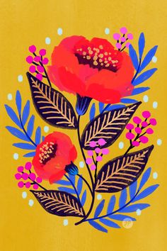 a painting of two red flowers with blue leaves on a yellow background and polka dots