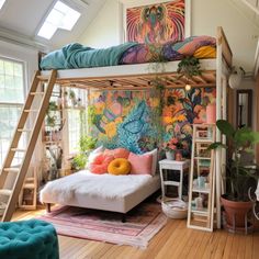 a loft bed is decorated with colorful wallpaper and pillows, along with other furniture