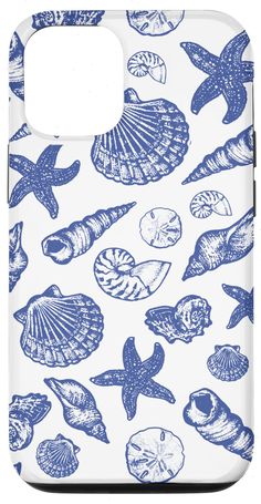 a phone case with shells and starfishs on the front, in blue ink