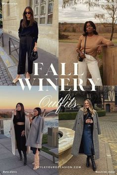 Prepare for your 2024 vineyard trip with this list of chic fall winery outfits! From laid-back jeans to elegant dresses and skirts, we've curated the ideal looks for your next California wine tasting trip. Stay stylish and snug in our comfortable yet trendy outfits (perfect for cold weather). With fall style ideas to fit all sizes, enjoy exploring vineyards in style this autumn! 🍁🍷 Fall Wineries Outfit, Fall Napa Outfits Wine Country, Casual Winery Outfit, Wine Vineyard Outfit Fall, Vineyard Outfits Fall, Wine Tasting Fall, Fall Wine Tour, Fall Winery Outfits, Wine Country Outfit