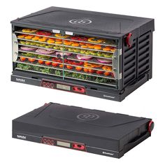 an electric food dehydrator is shown with the lid open and vegetables in it