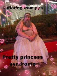 a woman in a wedding dress sitting on top of a red bench with the words pretty princess syndrome