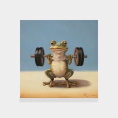 a frog is lifting a barbell with one foot