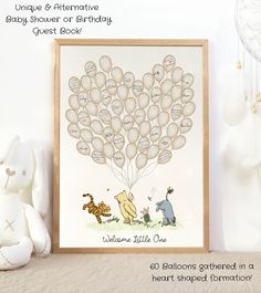 a birthday card with winnie the pooh and tiggers in a heart shaped balloon