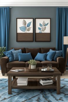 a living room with blue and brown decor