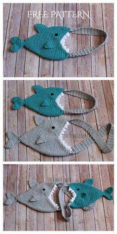 the crocheted fish is made from yarn and has been placed on a wooden floor