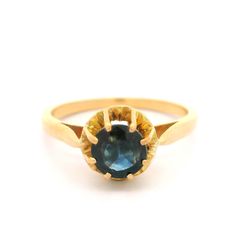 –Stone(s)– (1) Natural Genuine Sapphire - Old Mine Cut - Illusion Prong Set - Deep Blue Color  - 5.6mm (approx.) Material: 18k Yellow Gold Weight: 2.82 Grams Ring Size: 6.5 ( fitted on finger, please contact us prior to purchase with sizing inquiries) Ring Width: 8.13mm (0.32") (top of the ring - north to south) - 1.15mm (bottom of the shank) Ring Height: 6.63mm (rise off finger) Condition: Original finish & patina preserved. Excellent condition! Stock Number: JO-39016090-081624 Sapphire Solitaire Ring, Deep Blue Color, White Gold Solitaire, Gold Solitaire Ring, Sapphire Solitaire, Contemporary Ring, Orange Sapphire, Modern Ring, Sapphire Stone