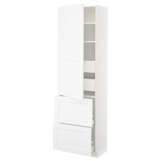 a tall white cabinet with two doors and drawers on the bottom, in front of a white background