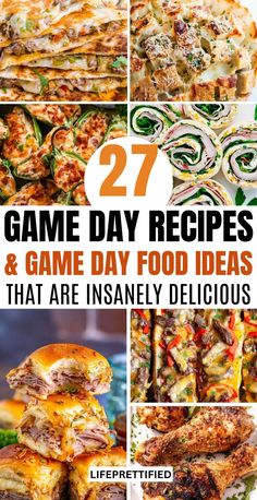 some food that is in different pictures with the words game day recipes and game day food ideas