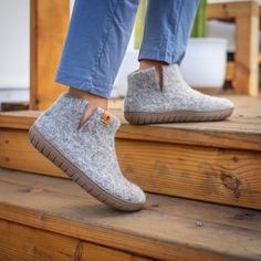 Slip into our coziest and most supportive booties ever! Baabushka's new line of outdoor footwear now features built-in arch support. Paired with extra layers of felt, our cushiony booties provide relief for those days full of standing and walking.Our redesigned rubber soles sport deeper non-skid treads for enhanced gri Bootie Slippers, Felt Shoes, Women Crafts, Wool Slippers, Felted Slippers, Cozy Gift, Those Days, Shoe Closet, Work Clothes