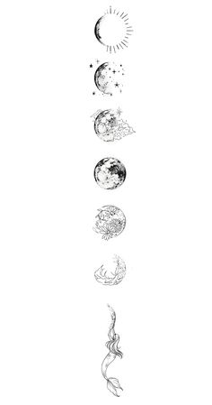 a line drawing of the phases of the moon and stars in different positions, with one being