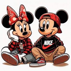 two mickey and minnie mouse cartoon characters sitting on the ground with their heads turned to look like they are wearing hats