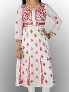 FREE PANT TCL Pure Cotton Kurta Lucknawi Chikankari Anarkali Ghaas Patti Kurti Disclaimer : : Motifs of embroidery may vary as the images shown are for illustration purpose. PRODUCT SPECIFICATIONS Fabric : Cotton Sleeves : 3/4 Sleeves Style : Anarkali Kurti Length : Knee Length Occasions : Casual Wear, Office Wear, Party Wear Price Includes : Only Cotton Kurti Garment Care : Hand Wash Only PRODUCT FEATURES Flawless finishing Elegant looks Alluring patterns Skin friendly Shrink resistance Resham Embroidered Anarkali Set For Puja, Traditional Long Sleeve Anarkali Set, Traditional Red Anarkali Set With Chikankari Embroidery, Chikankari Embroidered Chanderi Dress, Designer Embroidered White Dress, Red Embroidered Cotton Churidar, Designer White Embroidered Dress, Bollywood Style White Dress With Motifs, White Bollywood Dress With Motifs