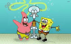 spongebob and patrick are standing next to each other in front of an octopus