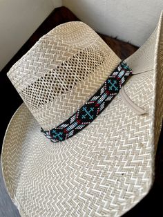 "7/8\" Wide Red and Teal Hat Band All bead work is beaded with 10lb extreme braided nylon line. All hat bands are finished at 23\" with glued than sewed down leather ends and an adjustable leather tie." Beaded Hat Band Patterns, Beaded Hats, Teal Hat, Interesting Crafts, Loom Designs, Beaded Hat Bands, Native American Beadwork Patterns, Beading Loom, Band Ideas