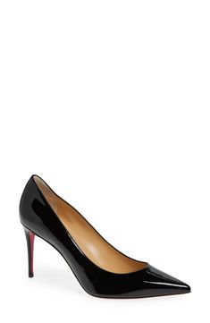 In delectably glossy patent leather and a strong, timeless profile, this self-assured pump looks endlessly polished. A sleek pointy toe and superfine stiletto heel help elongate the leg, while Christian Louboutin's iconic red sole ensures each confident step is noticed. 3 1/4" (85mm) heel (size 38.5) Wipe with a soft, dry cloth and store in a dust bag Please note the red lacquer on soles will wear off as a result of normal use. To minimize the effect, avoid wearing in wet weather or on abrasive Glossy Leather Heels For Work, Leather Heels With Glossy Finish, Sleek Patent Leather Heels With Leather Sole, Luxury Patent Leather Heels With Red Sole, Classic Patent Leather Heels With Leather Sole, Patent Leather Heels With Leather Sole For Work, Almond Toe Patent Leather Court Shoes With Branded Heel, Luxury Patent Leather Heels With Padded Heel, Glossy Patent Leather High Heels