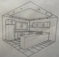 a drawing of a kitchen with an island in the middle