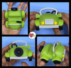 four pictures of a green toy car